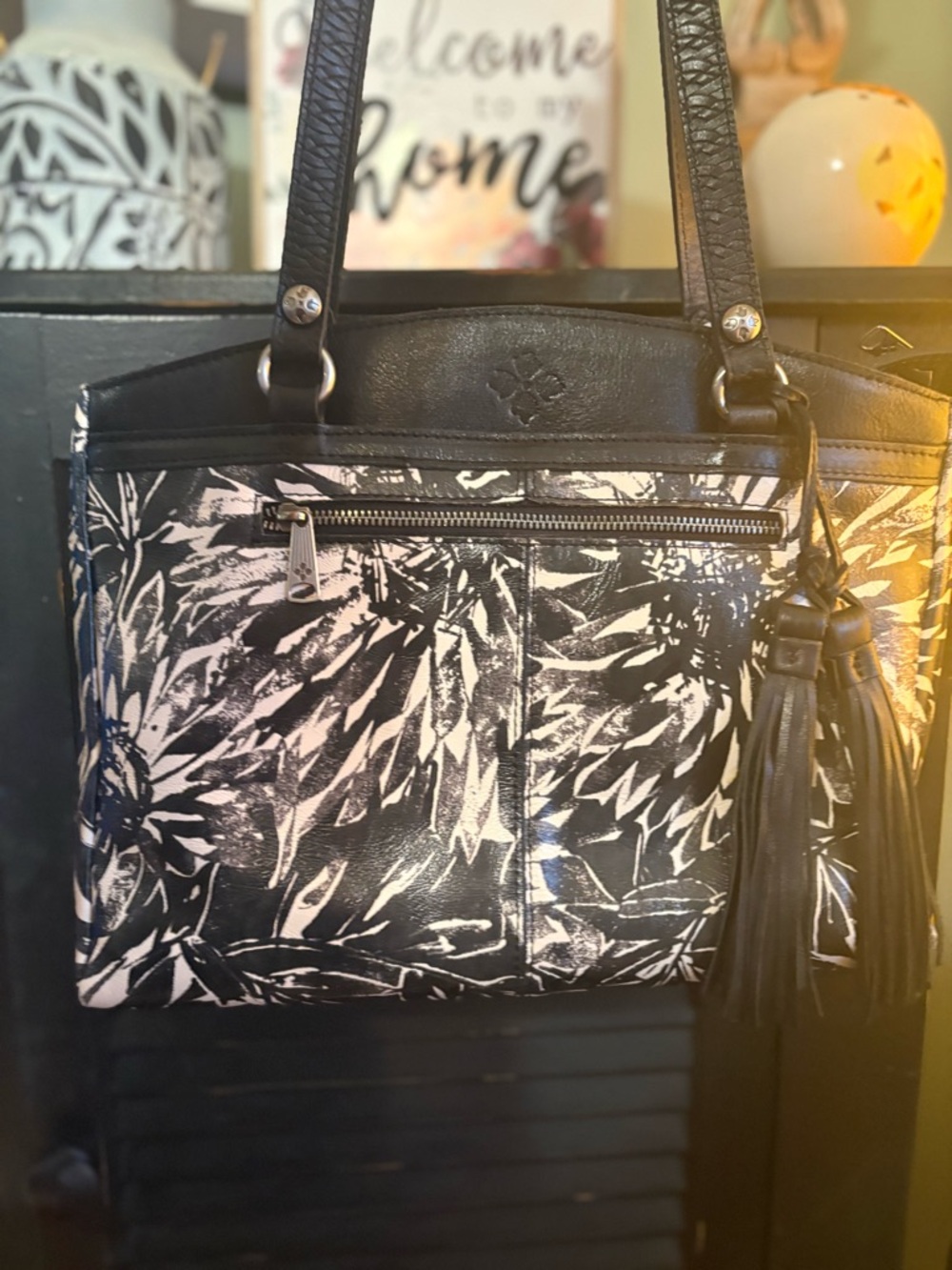 Patricia Nash With Dustbag Black & White Floral Tote Bag with Tassel